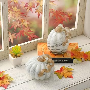 Glitzhome 5.95 H Gray Marble Handblown Glass Pumpkin Table Accent for Fall & Harvest Thanksgiving Decorating