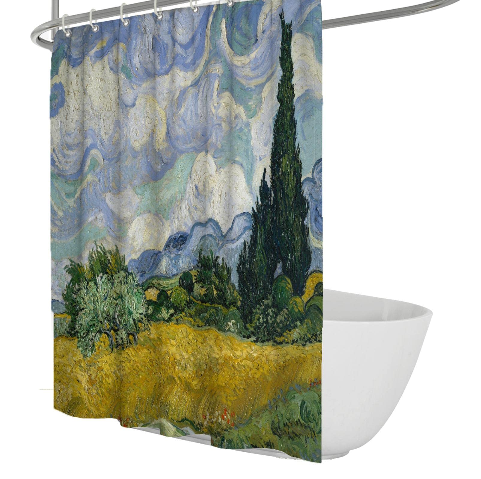 Peinture à l’Huile Style Rideaux de Salle de Bain Champ de blé avec des cyprès Peintures célèbres Estampes Doublure de Rideau de Douche avec Crochets en Forme de C W180xL200(cm)