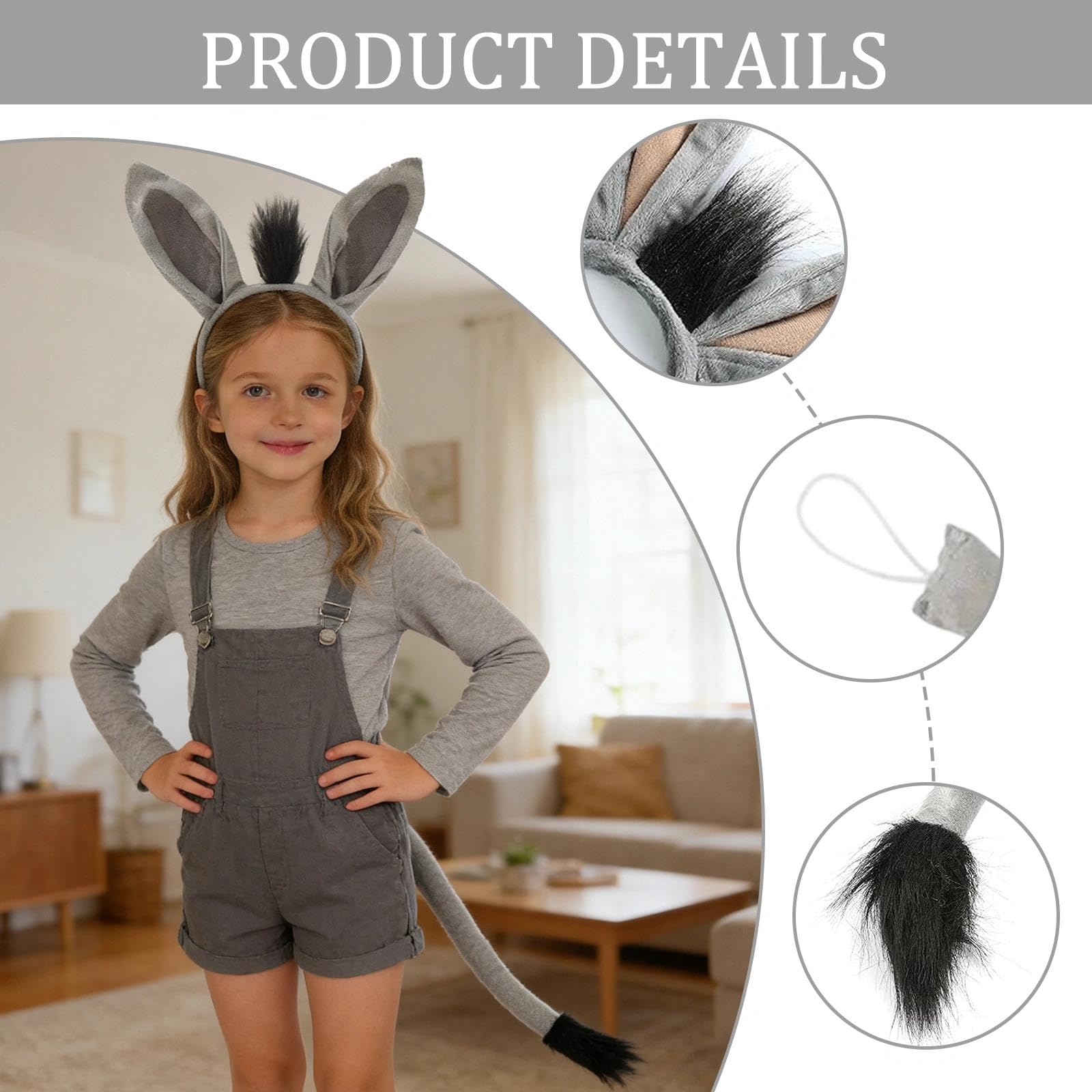 ZXTGBQ 2 Piece Donkey Ear Headband and Tail Costume Set for Fancy Dress Party, World Book Day, Halloween Theme Party, Cosplay, One Size for Adults and Kids, Grey - Image 4