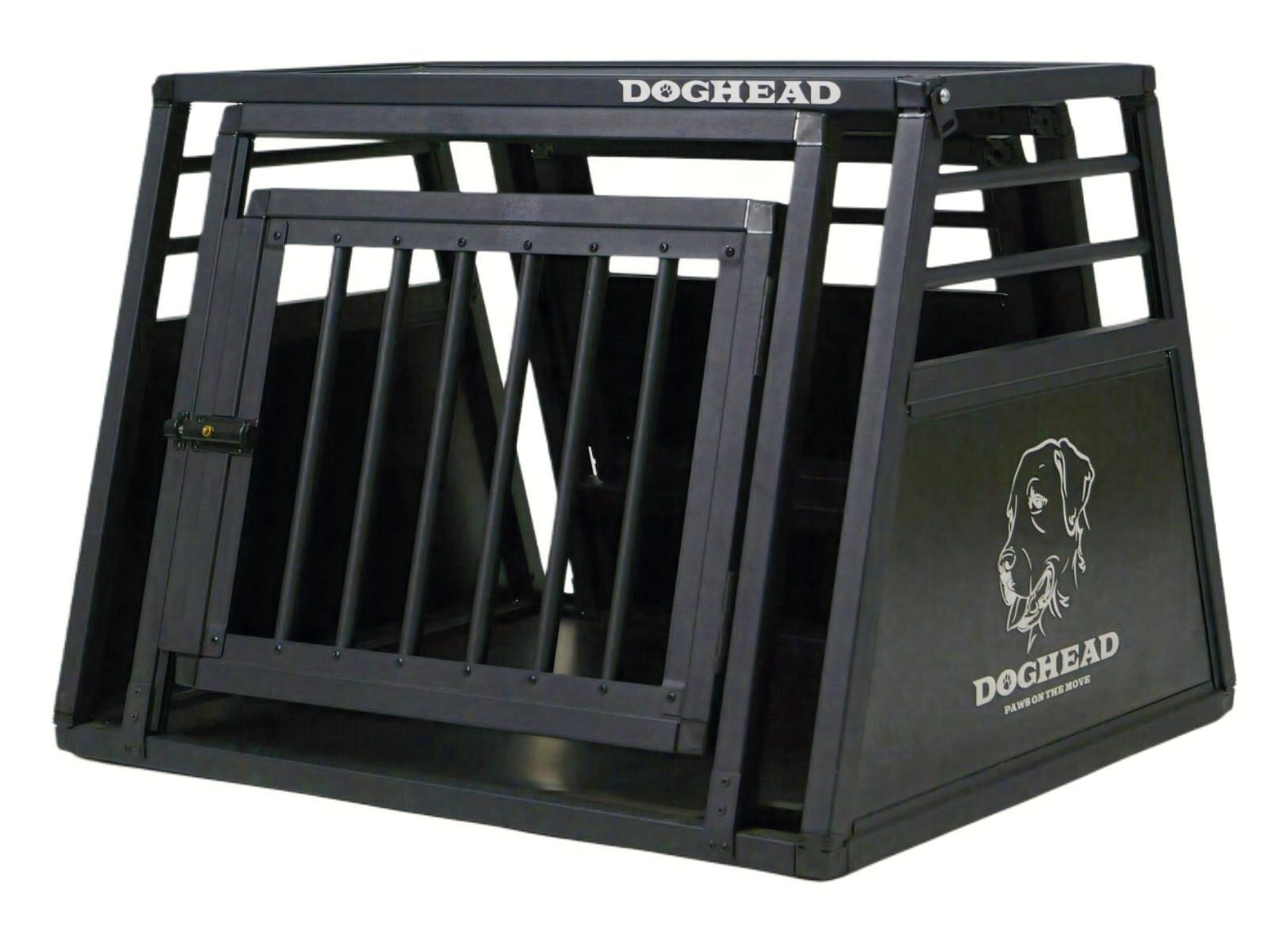 DOGHEAD Hundetransportbox Proline, Single 75x65x55 cm, Schwarz, Aluminium, Beidseitig Abgeschrägt 75°, mit Notausstieg