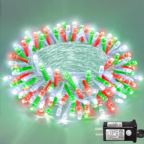 Miniatura 50 de 250 luces LED de Navidad de 82 pies, luces de Navidad blancas cálidas para exteriores, 8 modos, cable transparente, luces de hadas parpadeantes