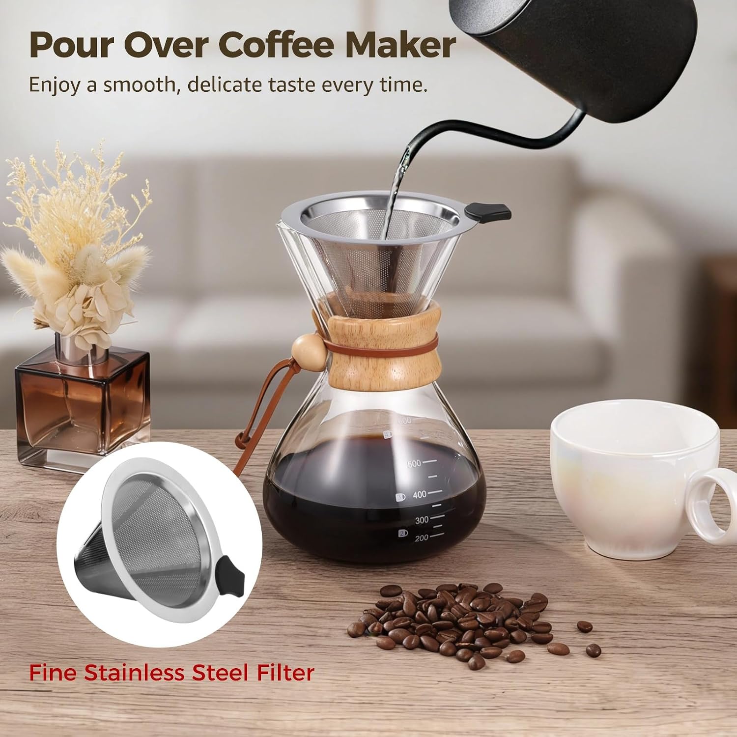 Pour Over Coffee Maker, 20 Oz Heat Resistant Borosilicate Glass Carafe With Stainless Steel Filter And Wood Collar For Camping, Hiking, Home, Office