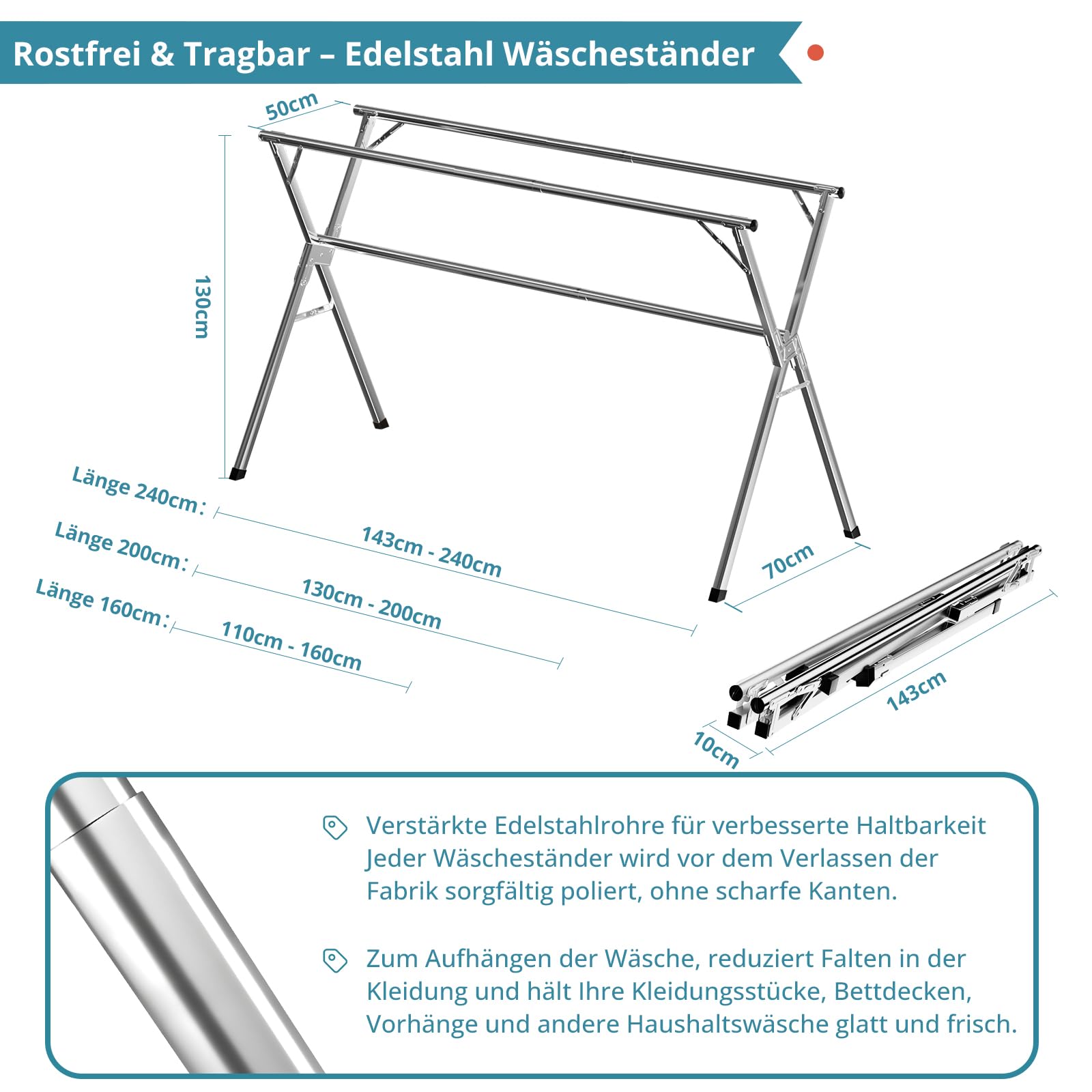 JAUREE 200cm Wäscheständer, Faltbarer Kleiderständer für drinnen und draußen, robuster Edelstahl Wäscheständer ständer, tragbarer, großer Kleiderständer stabil mit 20 winddichten Haken