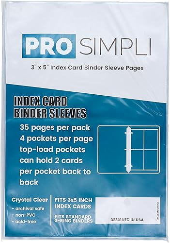 ProSimpli Carpeta de tarjetas de índice de 3 x 5 para carpetas estándar de 3 anillas 4 bolsillos por página 35 páginas por paquete carga superior
