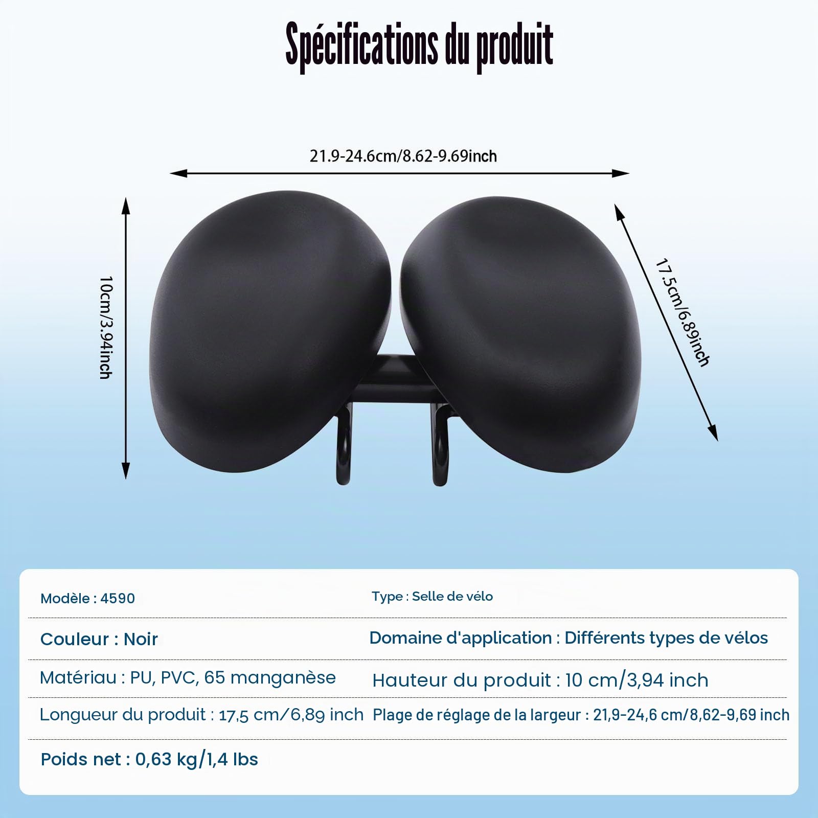 Selle de vélo sans nez 4590 - Ergonomique - Absorption des chocs - Coussin de décompression extra large - Largeur réglable de 20,6 à 20,69 cm - Pour VTT, vélo électrique, trekking