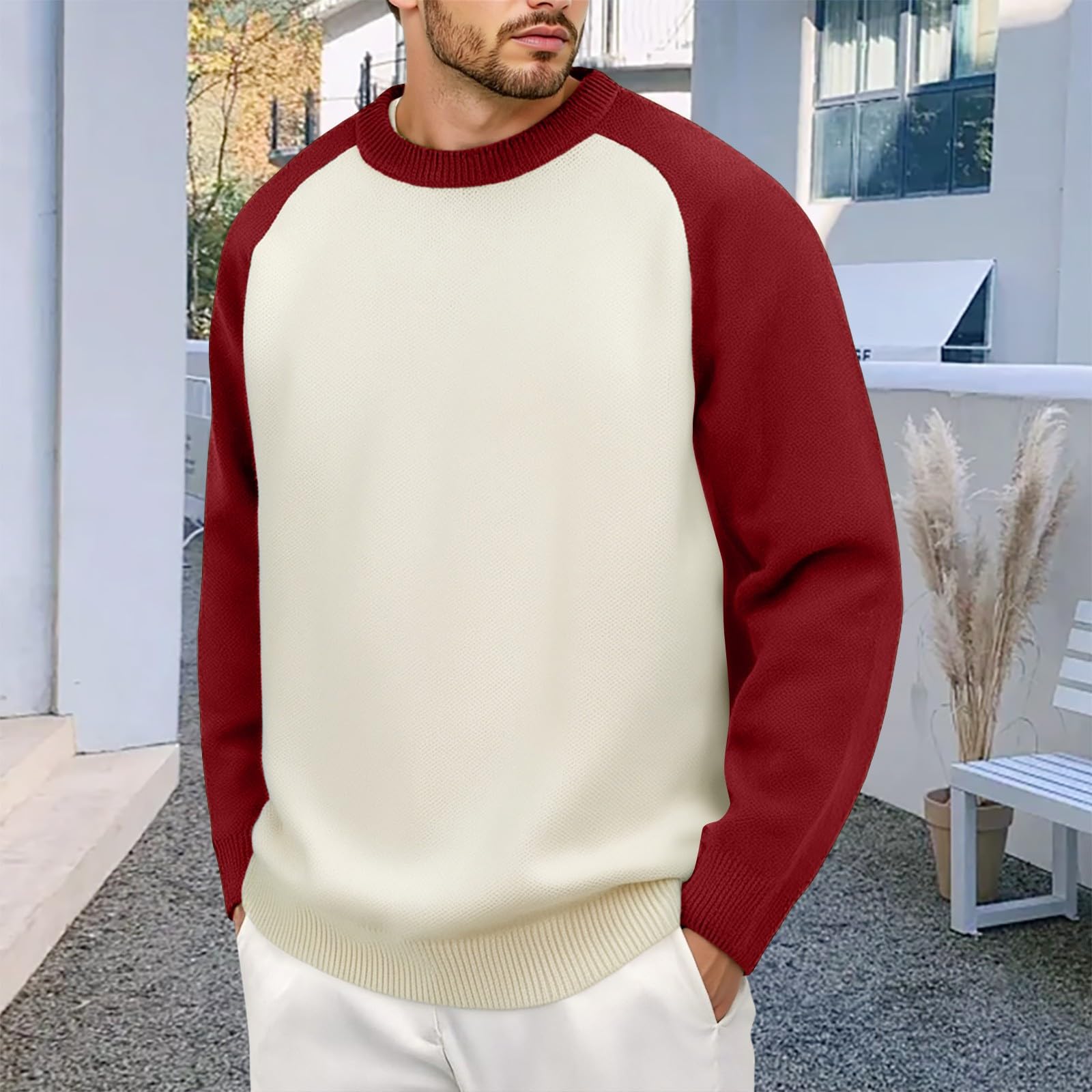 Jersey Negro Hombre, Suéter De Hombre Abrigo Manga Raglán Bloque De Color Tejido Manga Larga Jersey Informal Cálido Ropa De Invierno Cómodo Hilo Suave Moda Superior