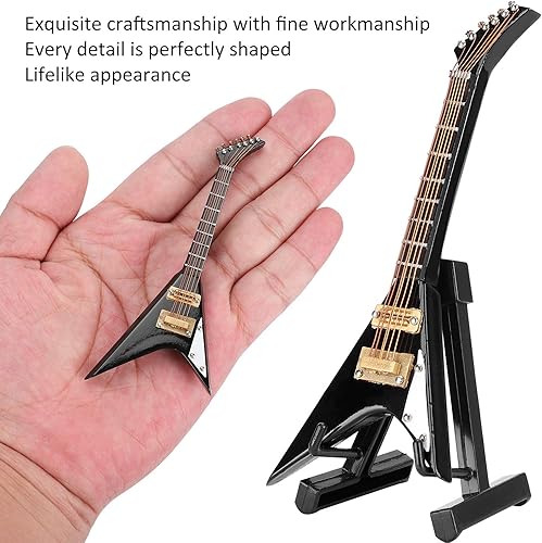 Miniatura 6 de Guitarra eléctrica en miniatura de madera, mini instrumento musical negro, modelo de guitarra de casa de muñecas en miniatura con soporte y estuche
