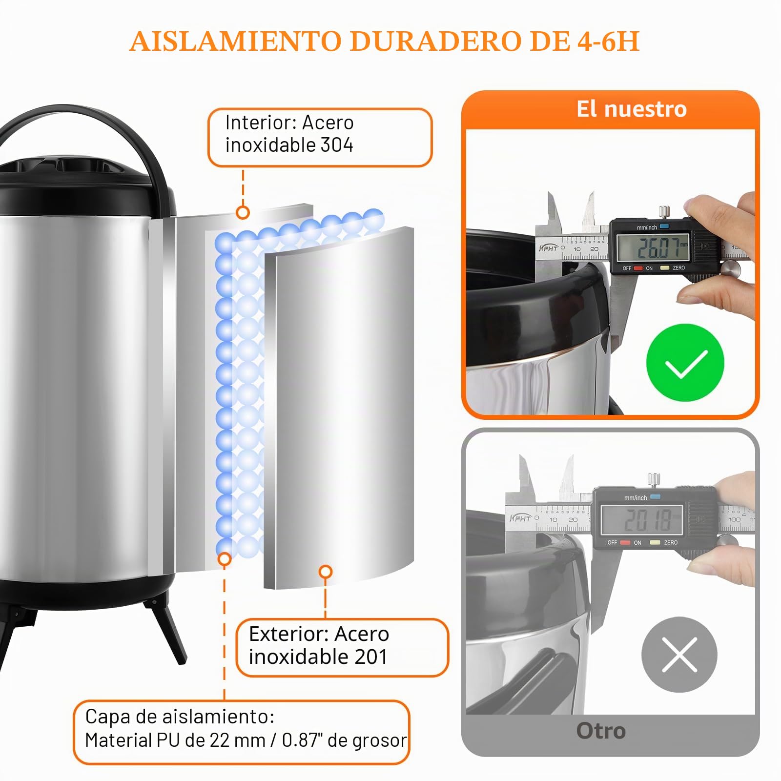 VEVOR Dispensador de Bebidas Aislado Dispensador de Agua Fría y Caliente No Eléctrico 9,2 L Almacenamiento de Alimentos de Acero Inoxidable Contenedor Aislado 4-6 H con Grifo Portátil para Camping