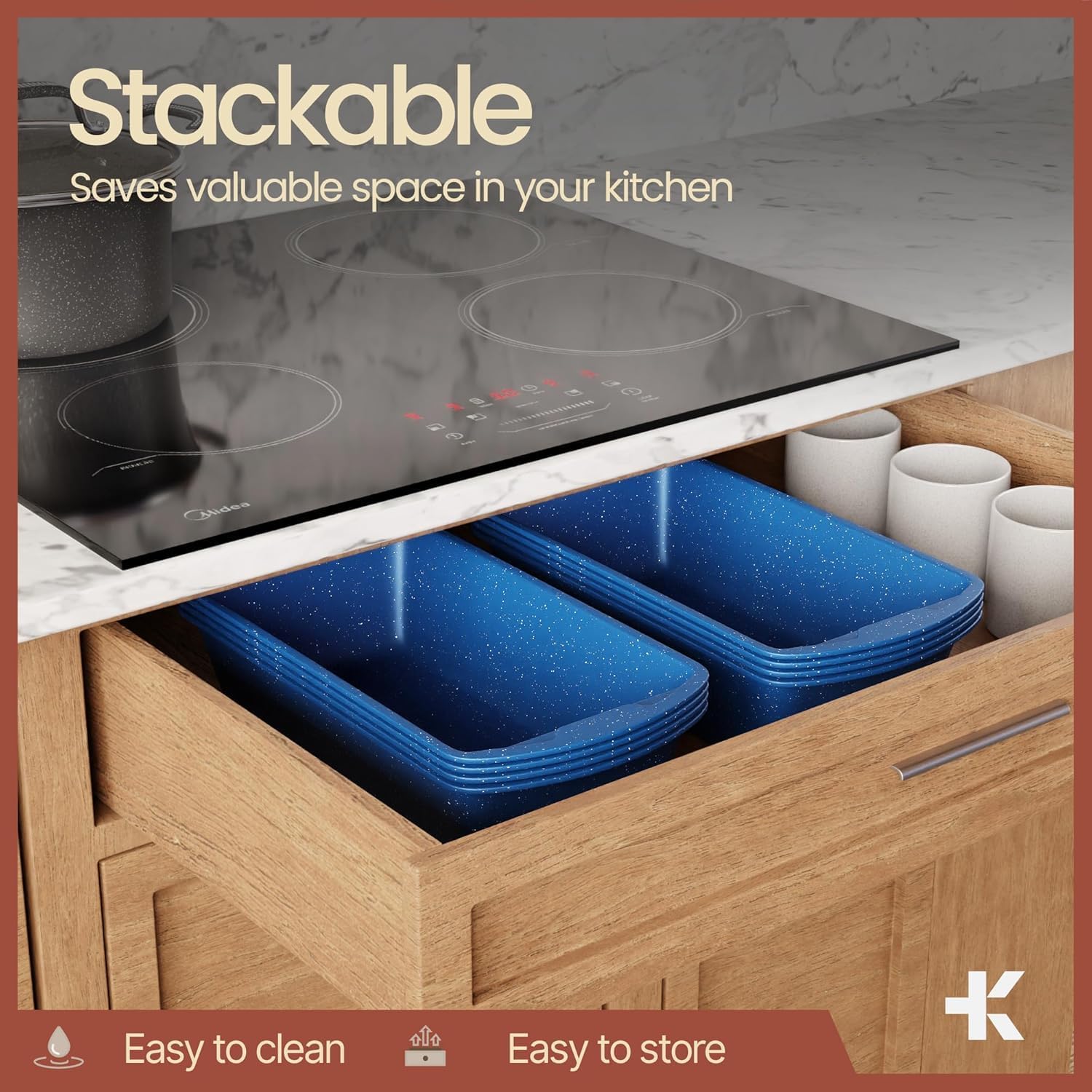 Nonstick Loaf Pan Set Pack of 2, 10.2" & 11" Large Baking Bread Pan, Oven Safe Up to 450°F, PFOA, PFOS, PTFE Free, Space Saving Stackable Design, Stain Resistant, Dishwasher Friendly, Blue Marble - Image 7