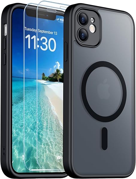 SPIDERCASE Designed for iPhone 11 Phone Case, Magnetic Translucent with 2PCS Tempered Glass Screen Protector Anti-Fingerprint Phone Case for iPhone 11 6.1'',Black