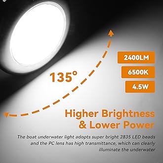 3.5inch Round Underwater Boat Lights IP68 Waterproof Led Boat Lights 2400LM Surface Mount 316 Stainless Steel Marine Led Lighting for Boats Transom Pool Courtesy Deck Interior Lighting