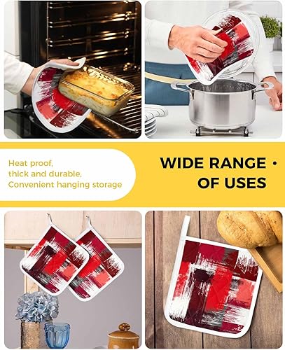Miniatura 5 de 4 Packs Modern Gradual Red Pot Holders Sets for Kitchen,Oven Pan Plate Bowl Pads Heat Proof Mat with Hanging Loop,Terry Cloth Potholders Soft Grip