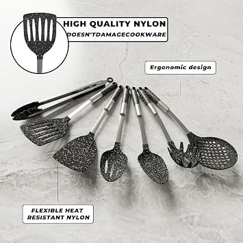 9-Piece Dishwasher-Safe Kitchen Utensil Set, Black and White Speckle