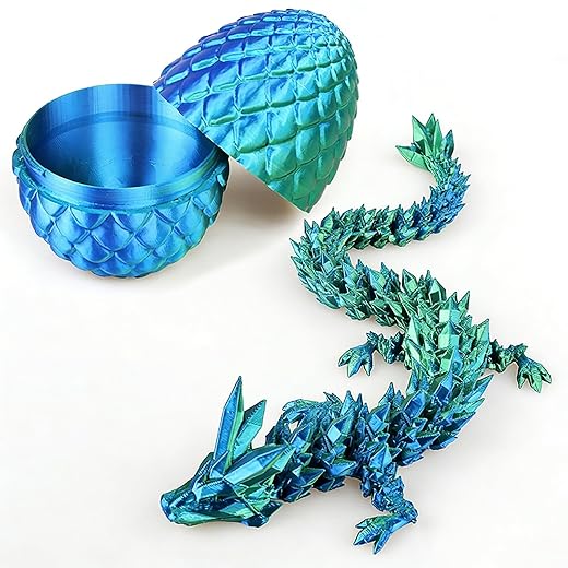 3D Printed Articulated Dragon Figure with Dragon Egg, Crystal Rainbow Dragon Figurine, Flexible Poseable Dragon Model, Iridescent Fantasy Dragon Collectible Desk Decor