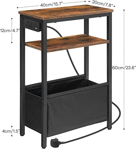 HOOBRO Narrow Side Table, Slim Bedside Table with Charging Station for Small Space, USB & Type-C Ports, 40 x 20 x 60 cm, for Living Room, Rustic Brown and Black EBF125KBZ01