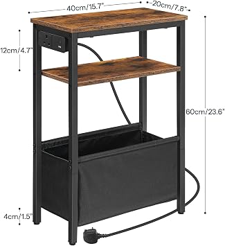 HOOBRO Narrow Side Table, Slim Bedside Table with Charging Station for Small Space, USB & Type-C Ports, 40 x 20 x 60 cm, for Living Room, Rustic Brown and Black EBF125KBZ01