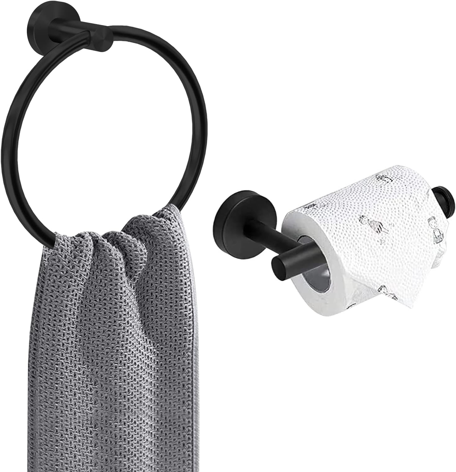 Toilet Roll Holder Towel Ring, Wall Mounted Toilet Paper Holder, 2 Pieces Classic Stainless Steel Bathroom Accessories, Matte Black