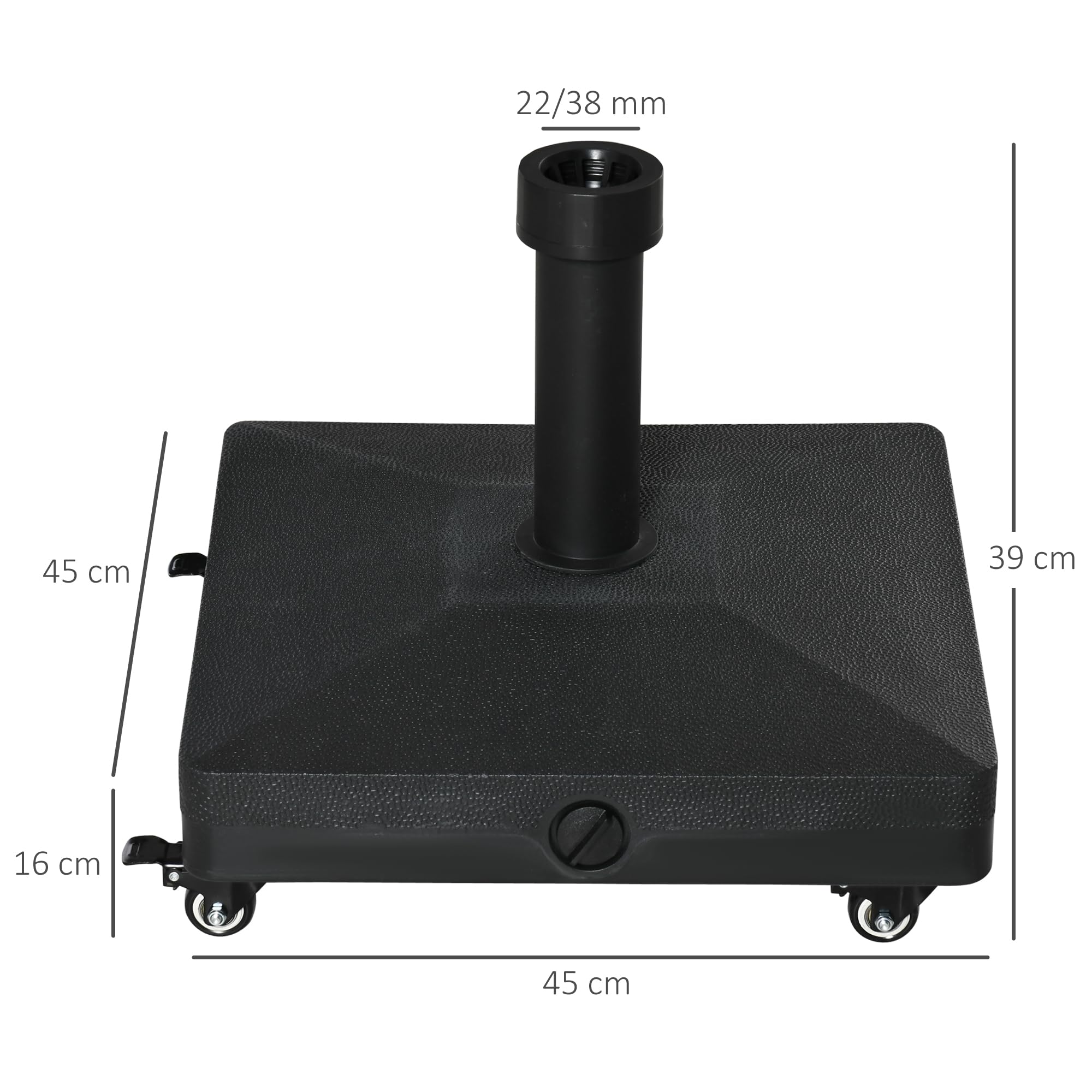Outsunny Base per Ombrellone con Ruote Riempibile Fino a 20kg, Base Ombrellone in HDPE per Pali da Ø22-38mm, 45x45x39cm, Nero