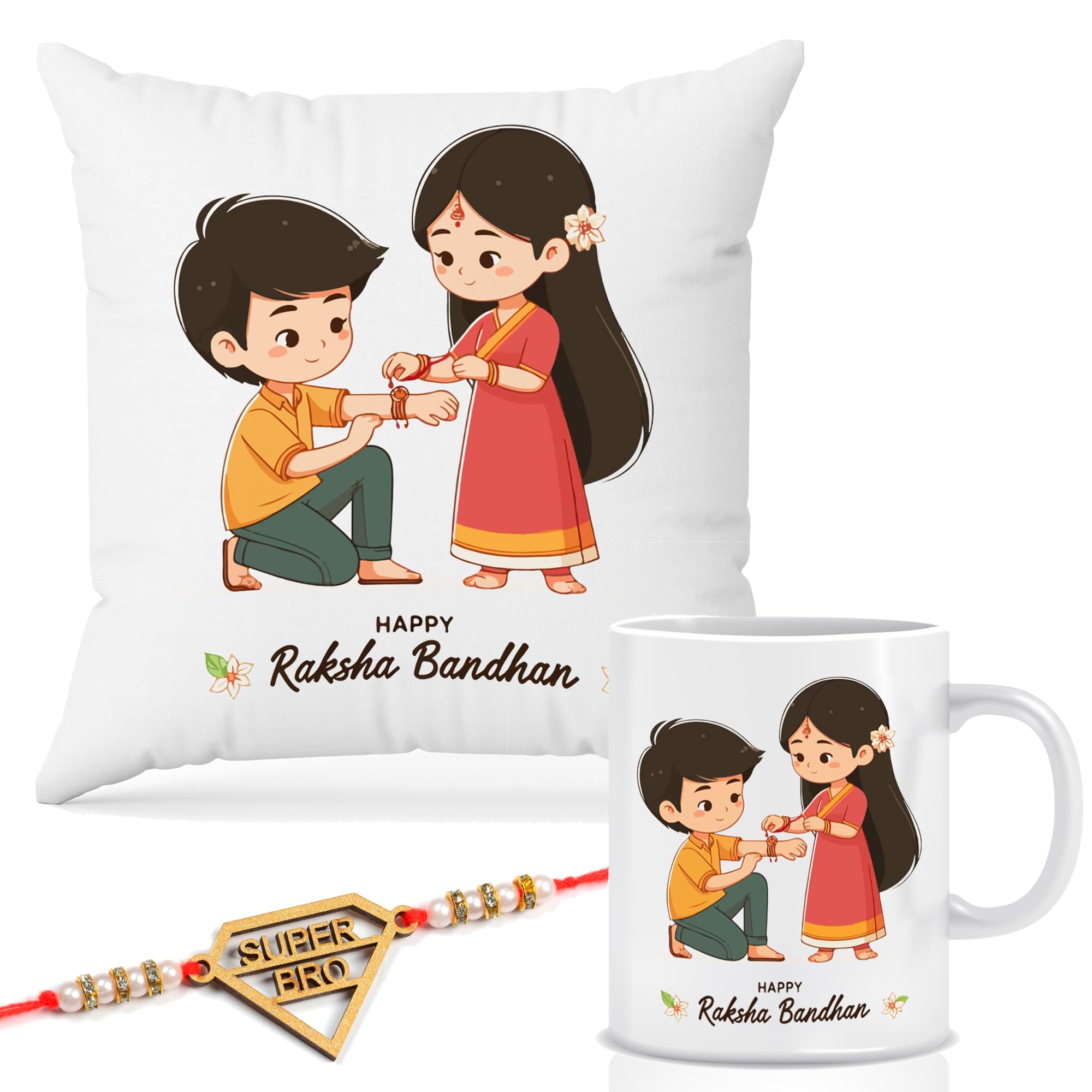 Raksha Bandhan Gift Combo – Cushion with Filler, Printed Coffee Mug & 1 Rakhi | Cute Brother Sister Cartoon Design | Rakhi Gift Set for Brother, RKCMUG-05