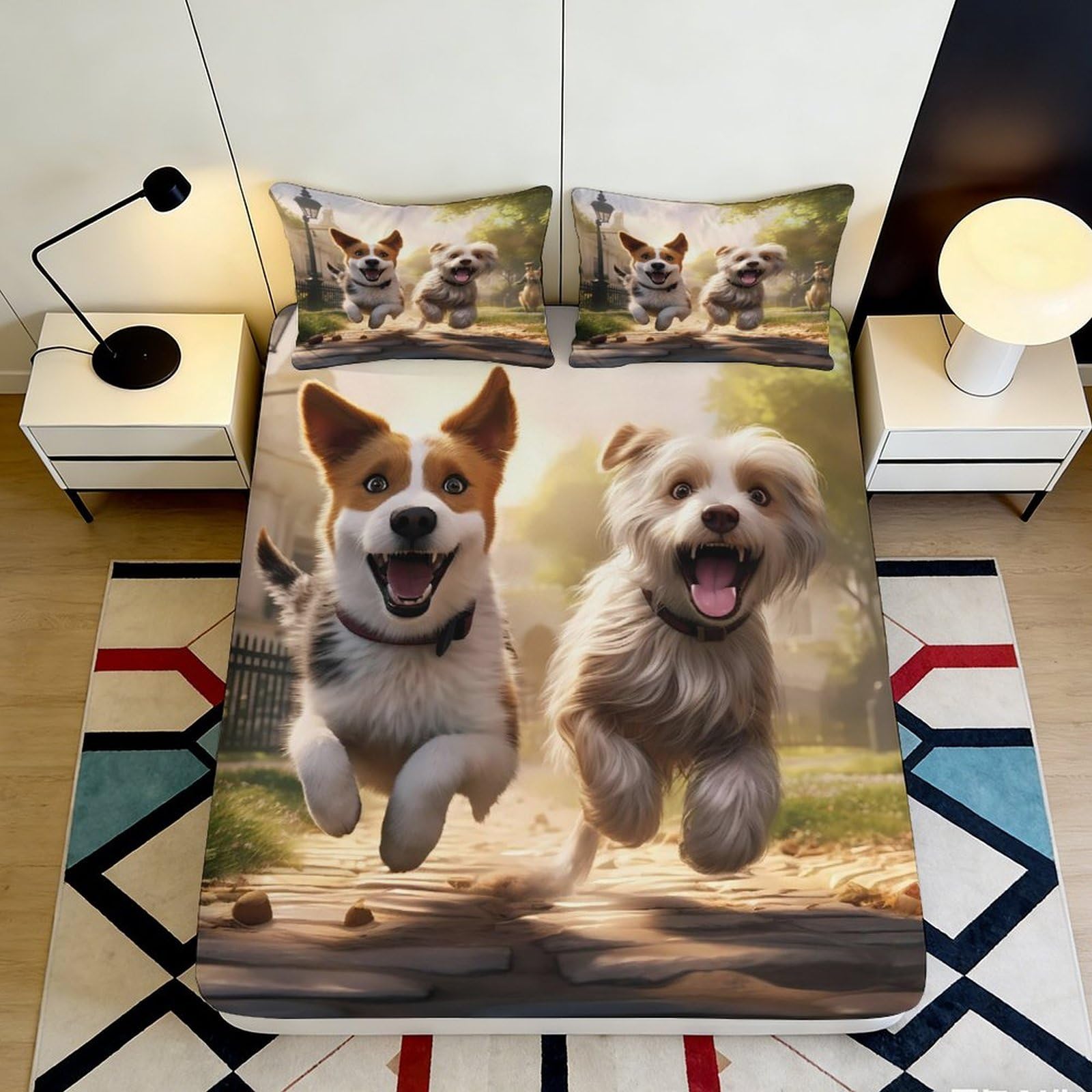 3D Printed Playful Dog Fitted Sheet Microfiber Non-Slip Cartoon Puppy Bed Cover for Bedroom Dorm Easy Care 180x200x25cm