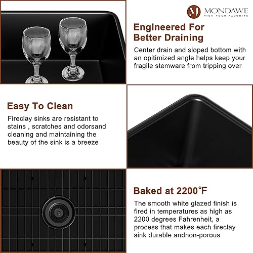 Miniatura 4 de Mondawe Fregaderos de cocina de granja de 33 pulgadas, fregadero de granja negro de arcilla refractaria, fregadero de granja frontal curvado,