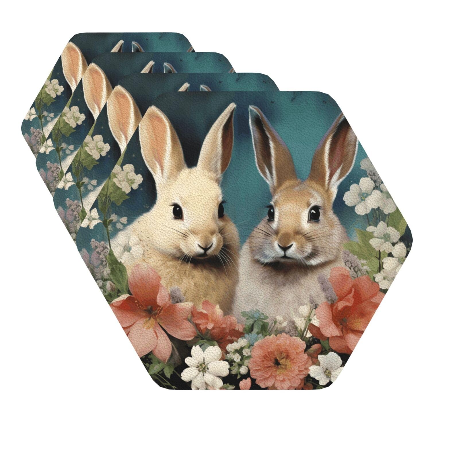 Drink Coasters Set of 4 Quick-Dry Leather Coaster Easter bunny Coasters for Drinks Coffee Cup Mat Tabletop Protection Heat Resistant Coaster for Kitchen Bar Office Home Decor