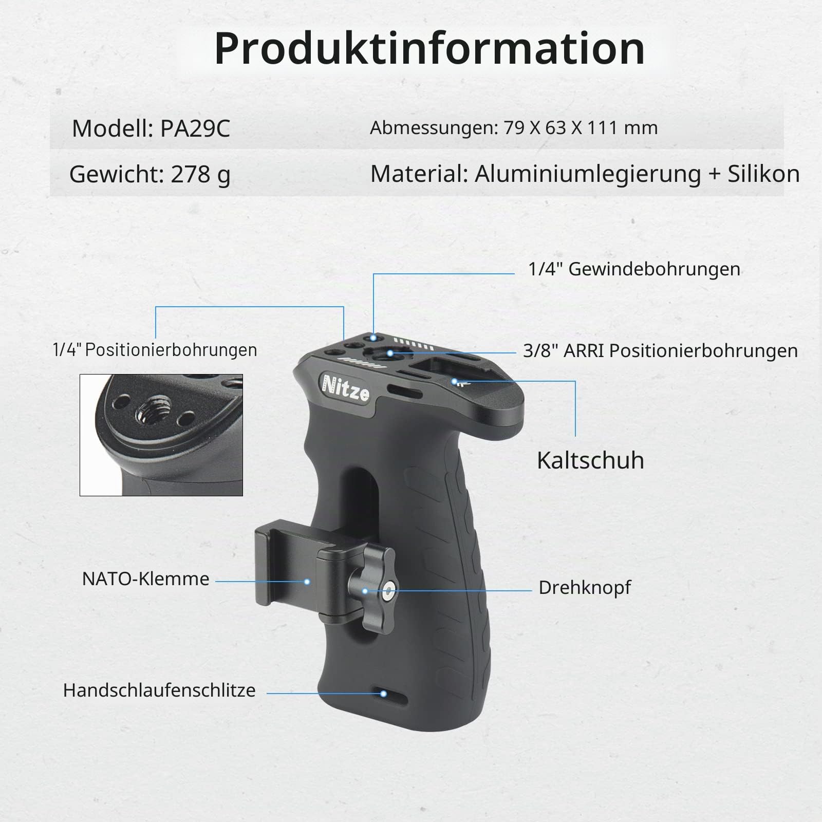 Nitze Ergonomischer Seitengriff mit NATO-Klemm, Side Handle NATO-Clamp für Linke Oder Rechte Hand, Mini-Seitengriff with Built-in Cold Shoe Nach Oben und Unten Verstellbar für Kamerakäfig-PA29C