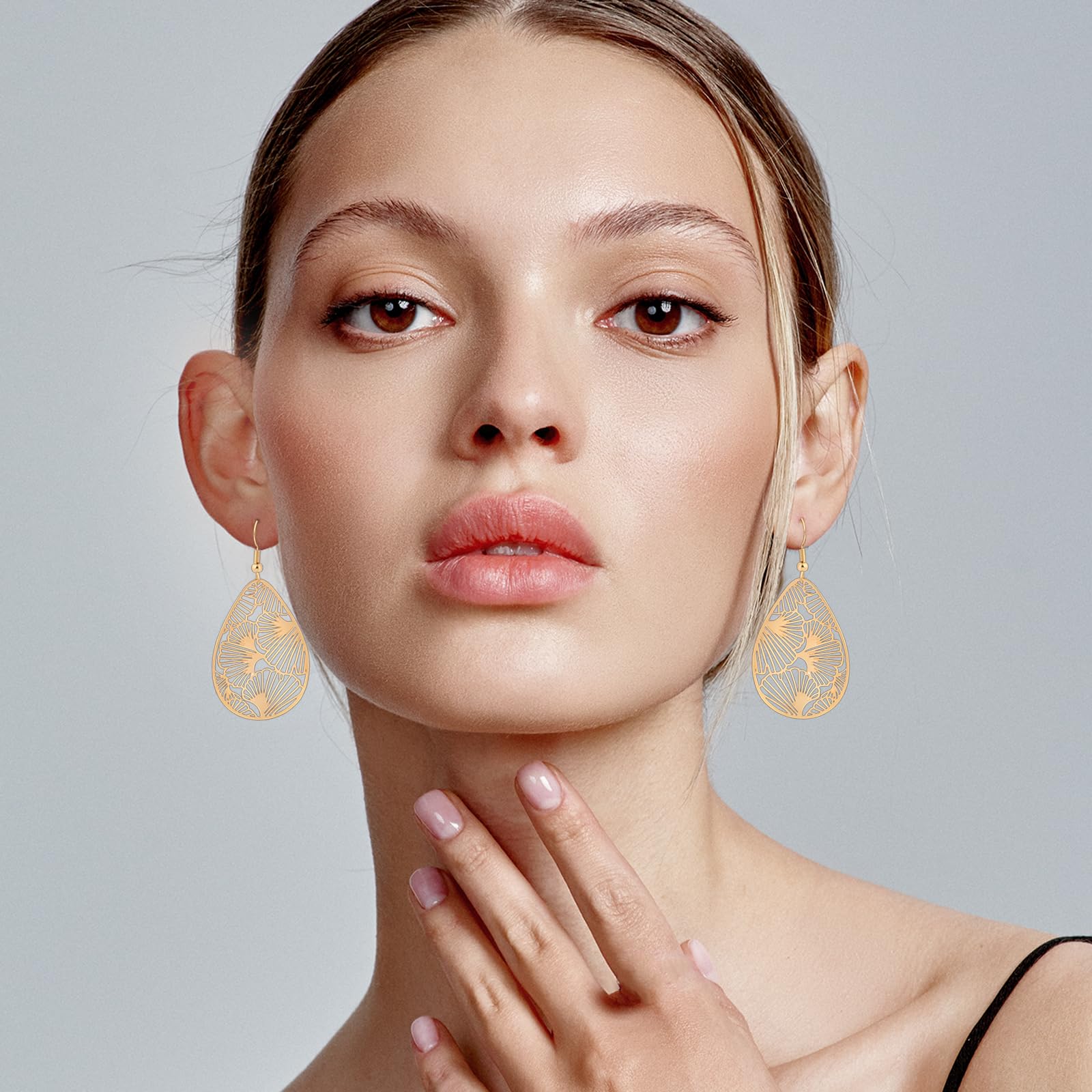 14K Gold vergoldet Blattgold Ohrringe für Frauen, Silber Ohrringe Hängend Damen mit Anhänger Tropfenform, Wassertropfen Schmuck für Geschenk