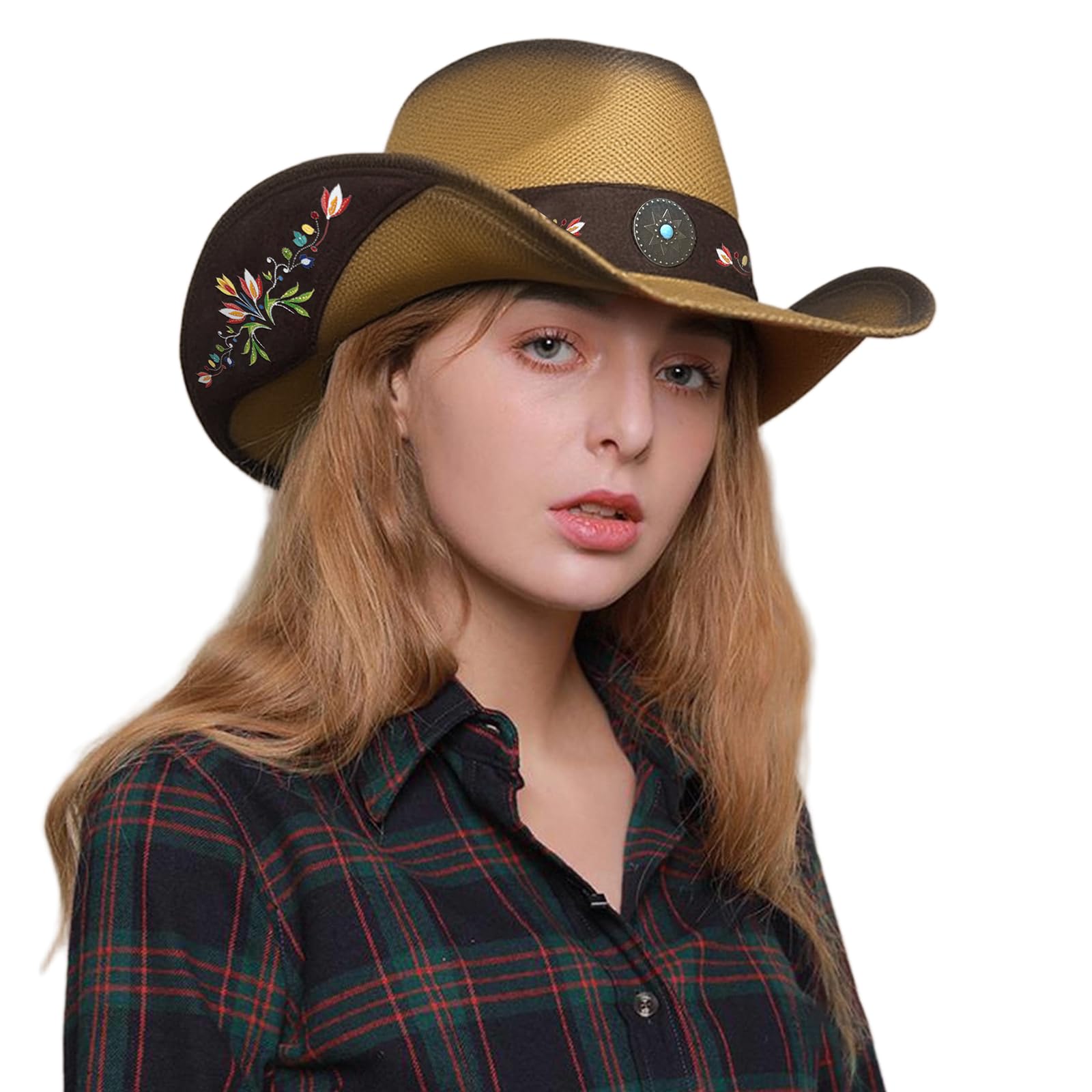Cowboy Hats for Women, Brown Cowgirl Hats Classic Straw Western Hats for Women Music Festival Party Beach.