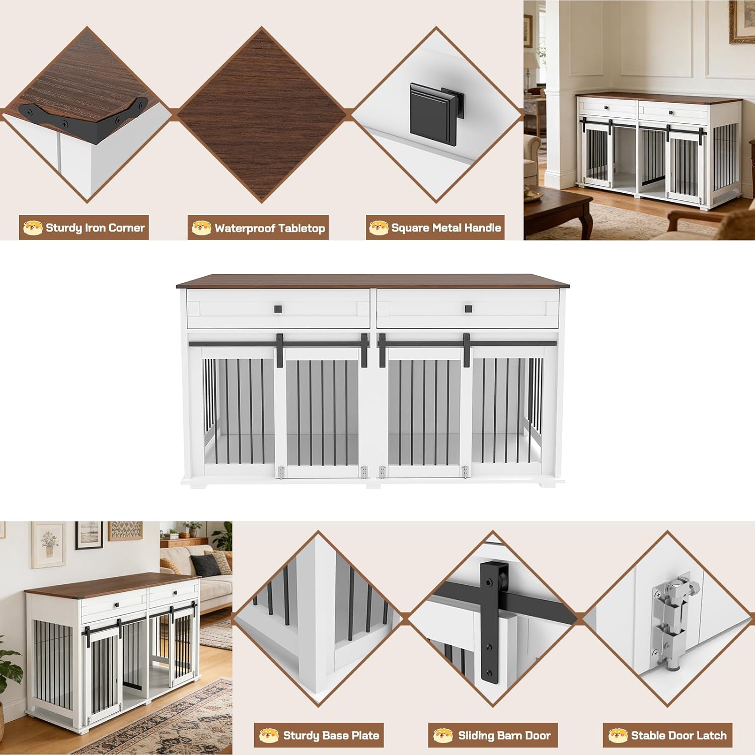 63'' Dog Crate Furniture for 2 Dogs, Wooden Dog Crate Table Furniture with 2 Storage Drawers, Indoor Dog Kennel with Divider and Double Sliding Doors, Large Pet House, White Cage Natural Wood Tabletop