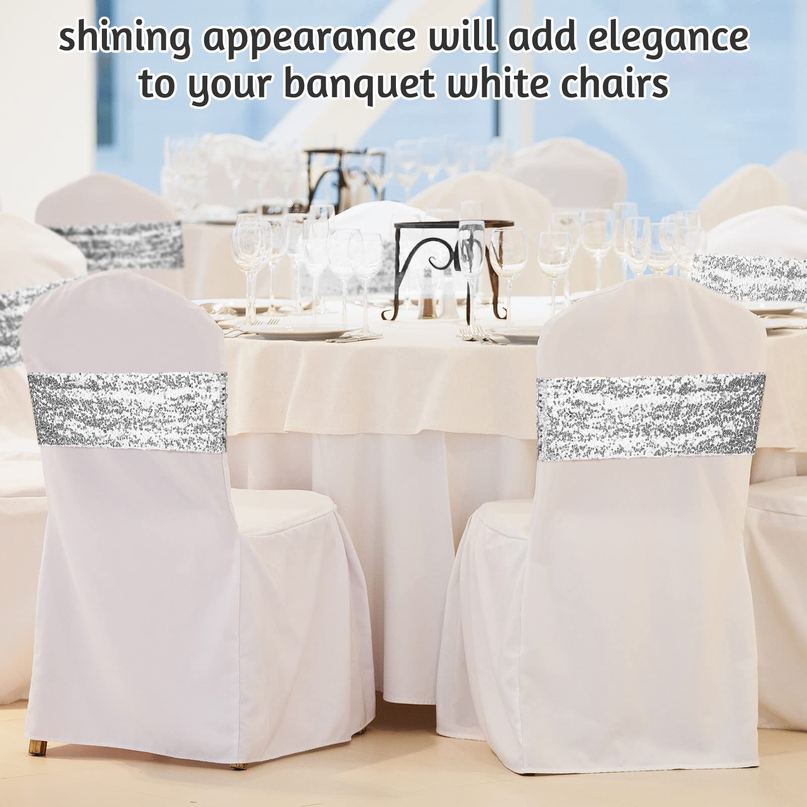 Yulejo 80 Pieces Sequin Chair Sashes Chair Sashes Spandex Glitter Chair Band Shiny One-Sided Sequins Decor Stretchy Chair Sash for Wedding Hotel Reception Party Banquet Chairs Decorations (Silver)