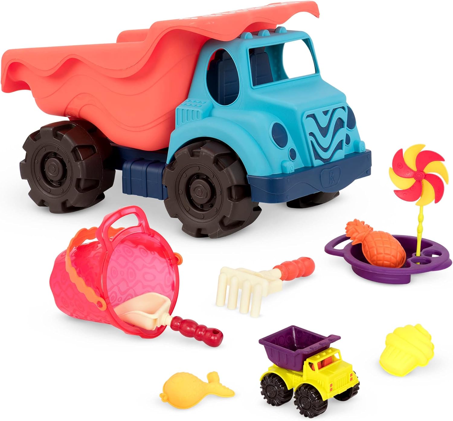 B. toys – Large Dump Truck & Sand Toys – 10 Beach & Sandbox Toys – Truck, Bucket, Shovel & More – Summer Play Set for Toddlers, Kids – 18+ Months – Colossal Cruiser & Sand Ahoy! – Red