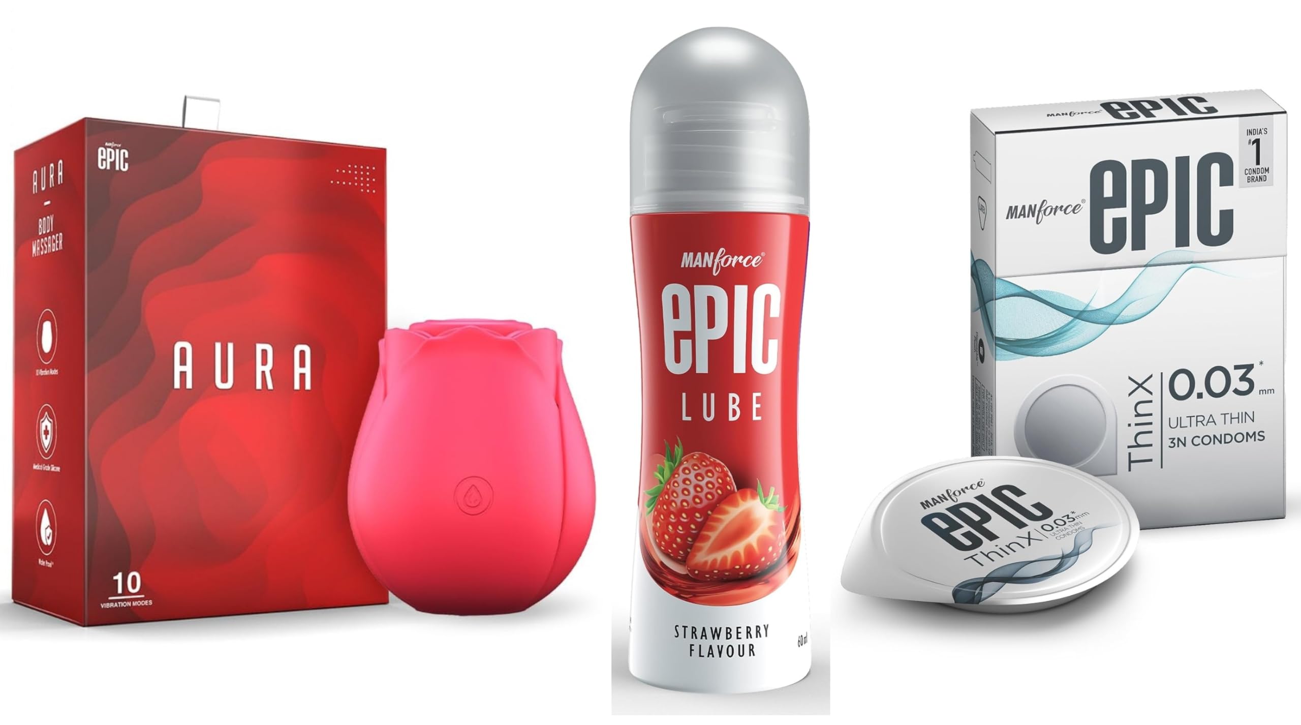 Manforce Epic Aura Massager | 10 Vibration Modes,Epic Lube | Strawberry | 60ml | Water-based & Epic ThinX | Ultra Thin Condoms with Easy Peel Pack | 3 Pcs-image-46