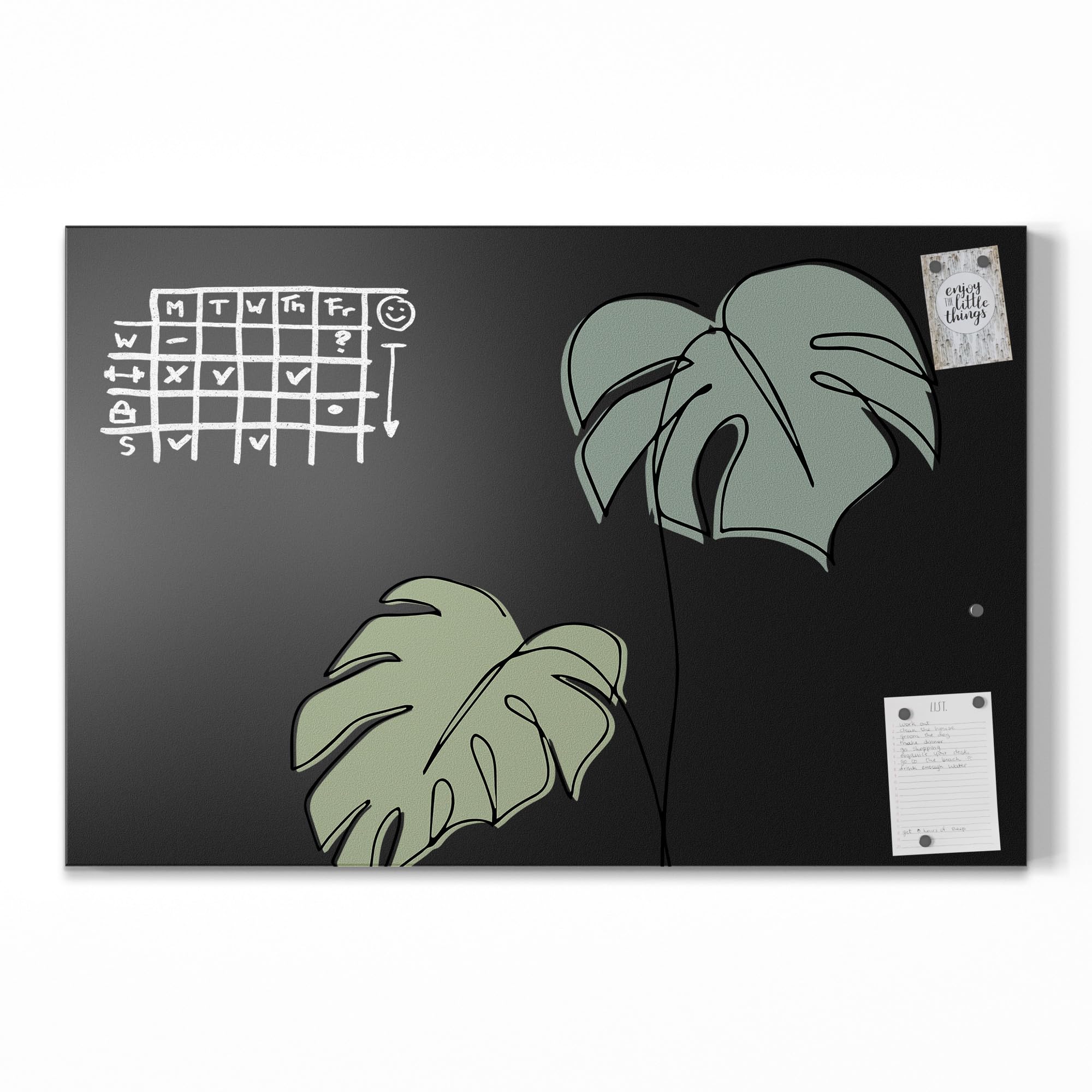 DEQORI Magnetische Kreidetafel mit UV-Druck | Motiv Monstera in Bewegung | Design rechteckig 90x60 cm | Kreide Metalltafel beschreibbar – Wanddeko für Küche, Flur, Kinderzimmer & Büro
