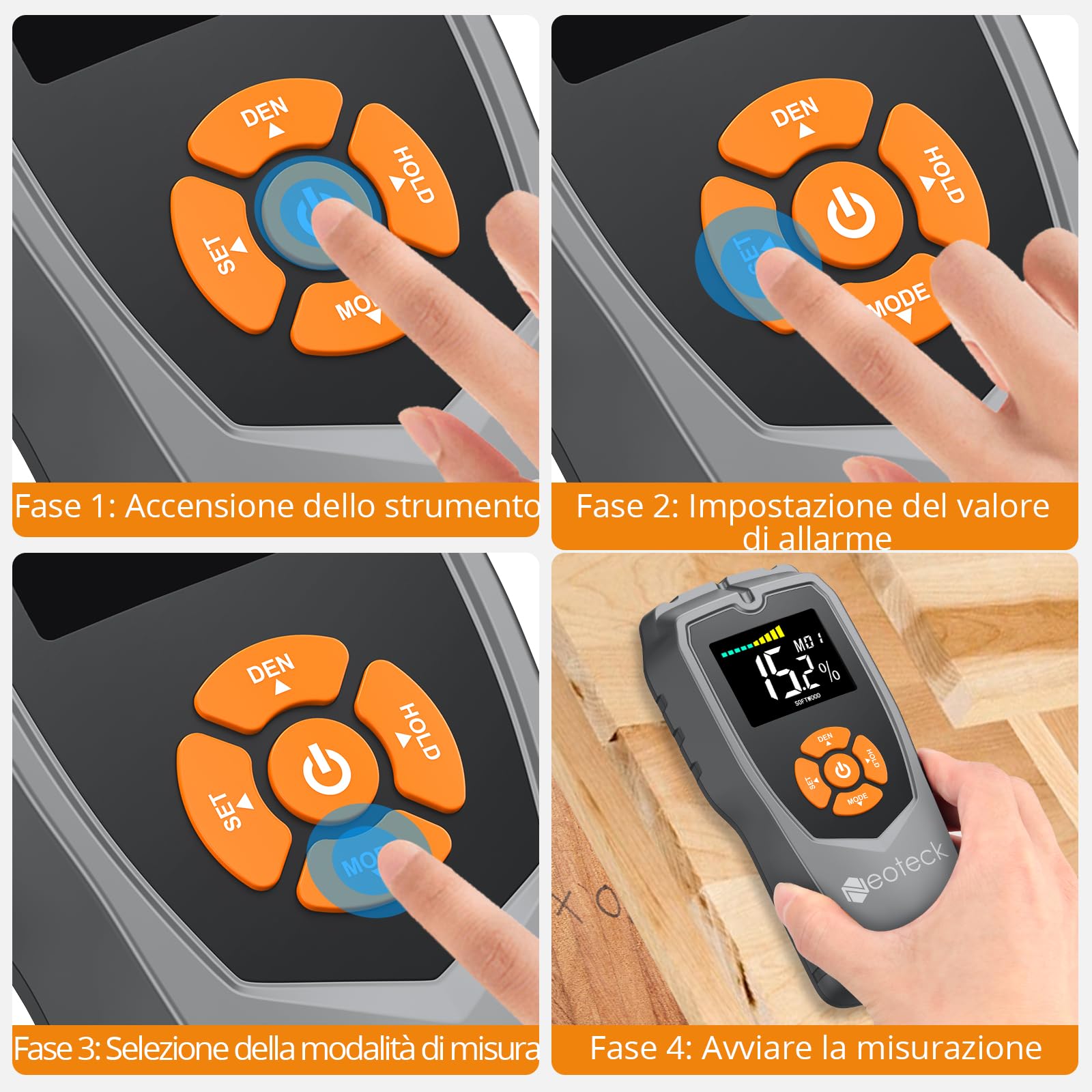 Neoteck Misuratore Umidità Legno con Display LCD Misuratore di Umidità Muri Funzione Allarme Sonoro Igrometro Professionale Senza Ago Rivelatore di Umidità per la Misurazione di Muri Legno Tenero/Duro