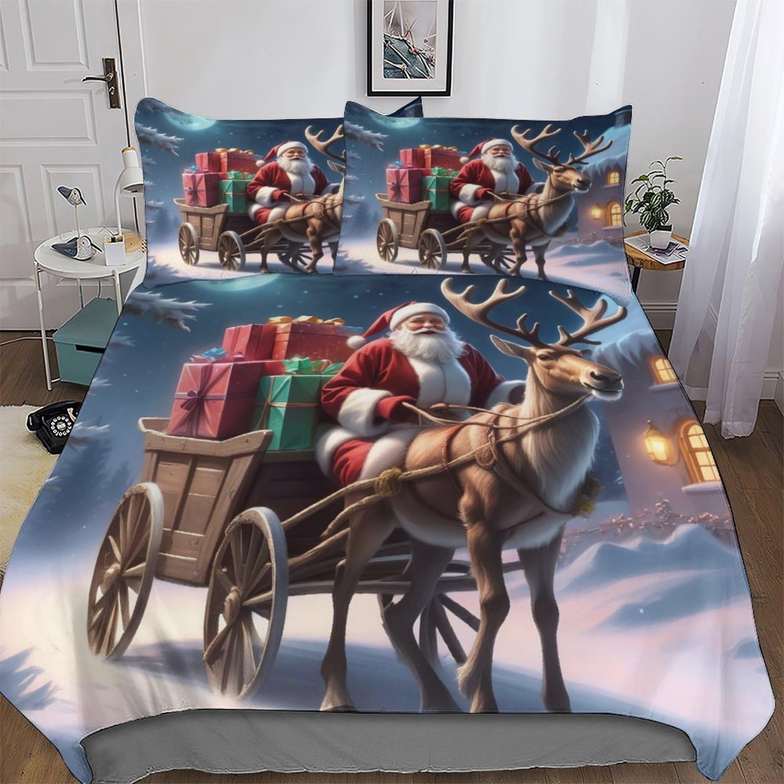 PAZZK Santa Claus Bedding Set Duvet Cover 3 PCS With Pillowcases Ultra Soft Anti Allergic Quilt Cover Microfiber Comforter Cover Suitable for Children, Teens, Adults Double (200x200cm)