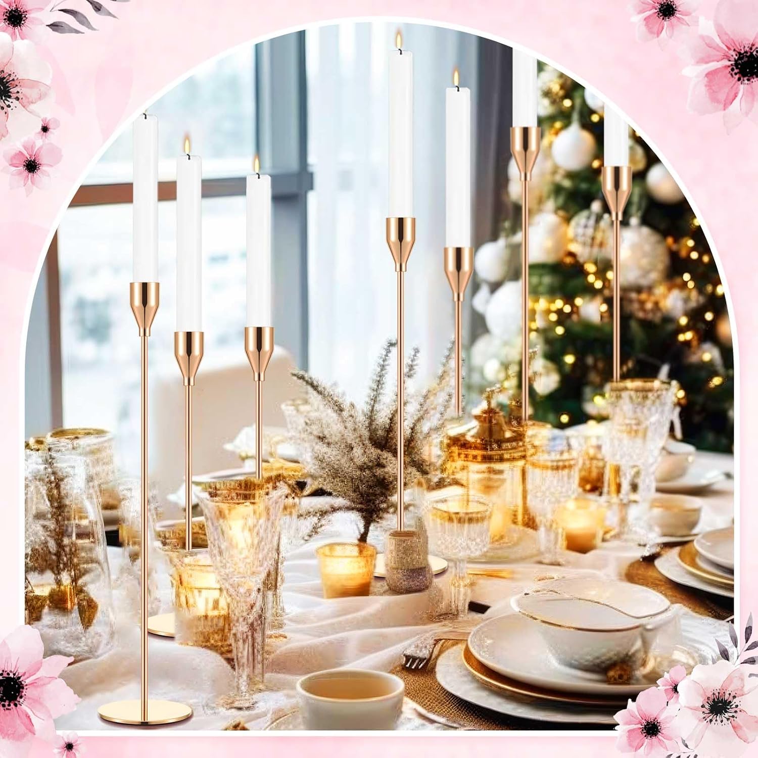 Mumufy 3 Pcs Gold Taper Candle Holders with Pink Bow Metal Candlestick
