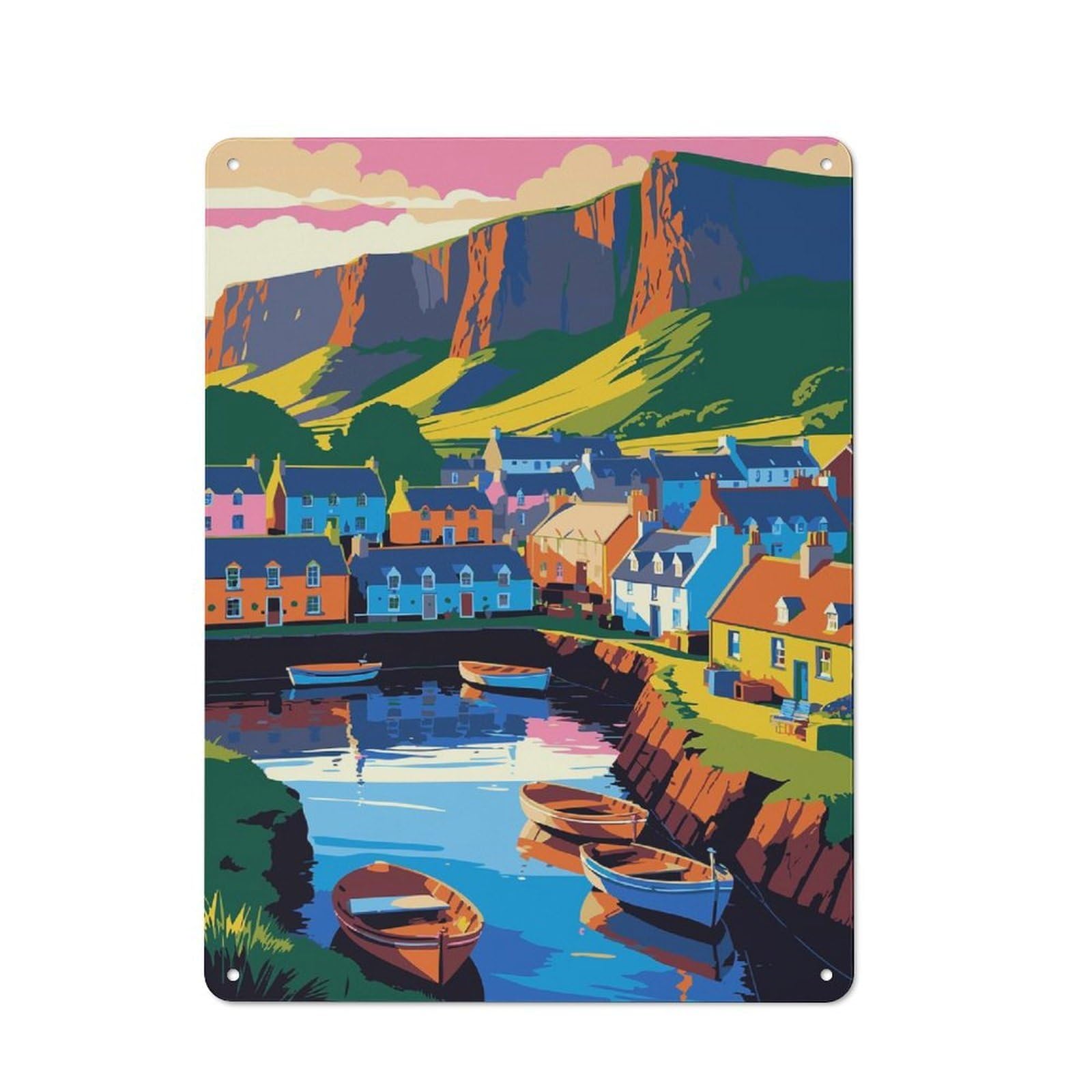 Junmoney Style-10 Old Style Colorful Coastal Village With Boats Decorative Tin Plaque 40X30cm, Bar Wall Plaque For Bar, Kitchen, Garage Or Games Room