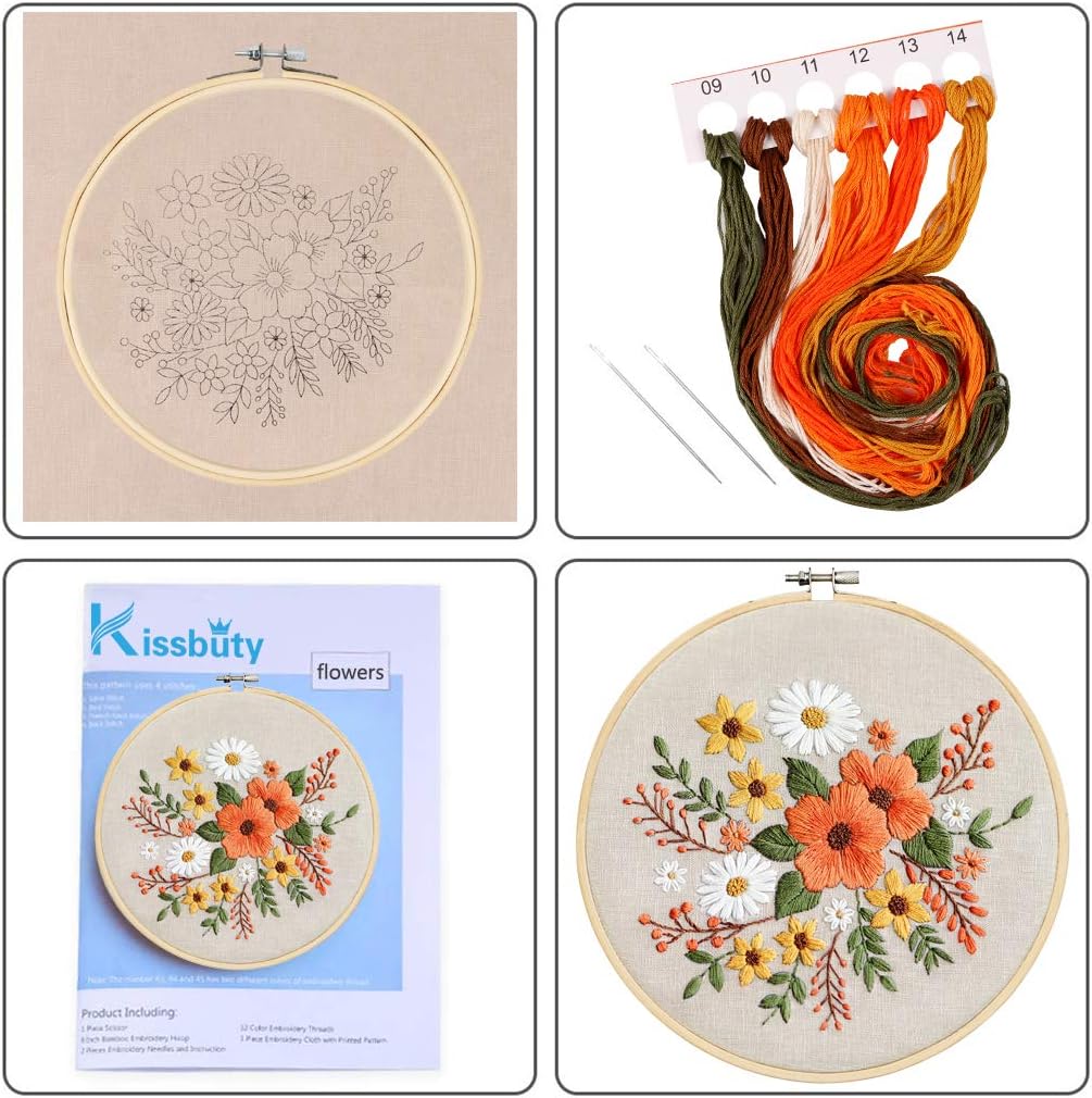Lоwеѕt Prісе Full Range of Embroidery Starter Kit with Pattern, Kissbuty Stamped Embroidery Kit Including Embroidery Cloth with Pattern, Bamboo Embroidery Hoop, Color Threads Needle Kit (Flowers)