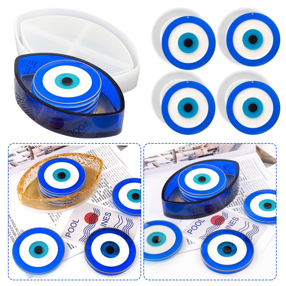 Coaster Molds for Resin Casting, 4Pcs Evil Eye Coaster Resin Molds with 1Pc Coaster Storage Box Molds, Nazar Boncuk Pattern Silicone Coaster Molds for Epoxy Resin DIY Home Decoration