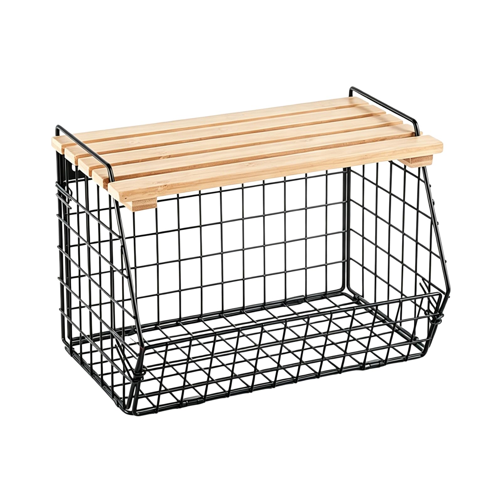 Cesta de alambre de almacenamiento, contenedor montado en la pared para uso en la cocina, marco de hierro con tapa de madera, función de diseño apilable, accesorio de fácil organización, adecuado para