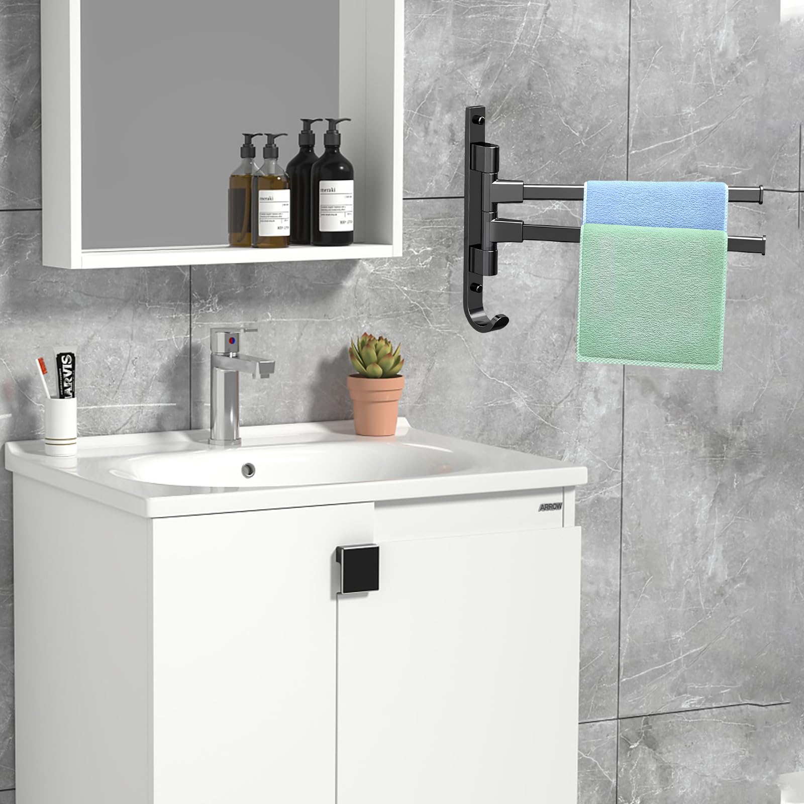 Porte-Serviettes Pivotant 180° - 2 Bras Noir Alliage Aluminium - Salle De Bain/Cuisine