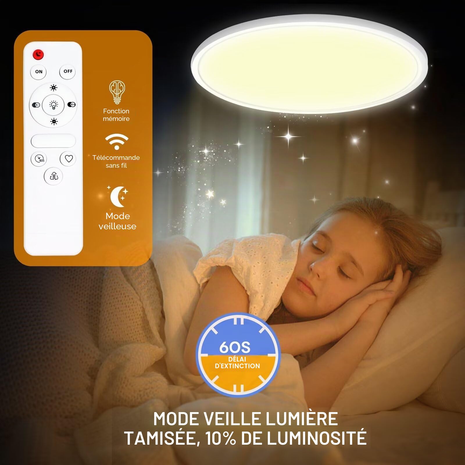 Yexati Lot de 4 plafonniers LED réglables 24 W 3 200 lm avec télécommande 3 000 K-6 500 K, IP54 Ø29,5 cm Plafonniers ronds pour chambre, cuisine, salon, salle de bain, salle à manger, couloir