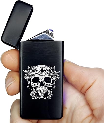 Encendedor eléctrico de doble arco, recargable, USB, resistente al viento, de plasma, sin llama, para hombres (estilo 4 - calavera de flores)