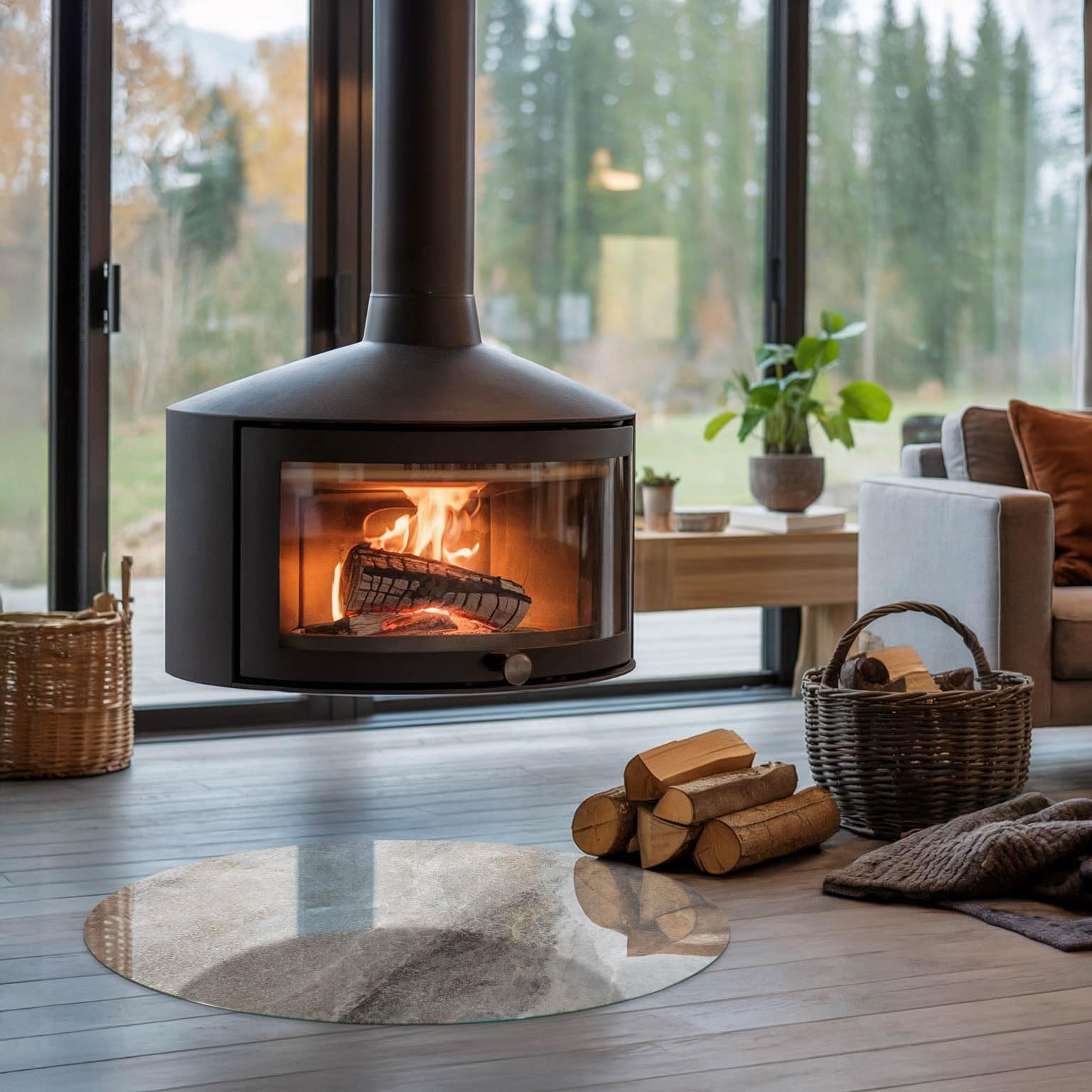 Kaminofen Glasplatte ⌀ 80 cm Funkenschutzplatte für Kamin Ofenglas Gehärtetem Glas Rund Bodenplatte Kaminglas Funken- und Kratzfest Kaminplatte - Natursteinmuster