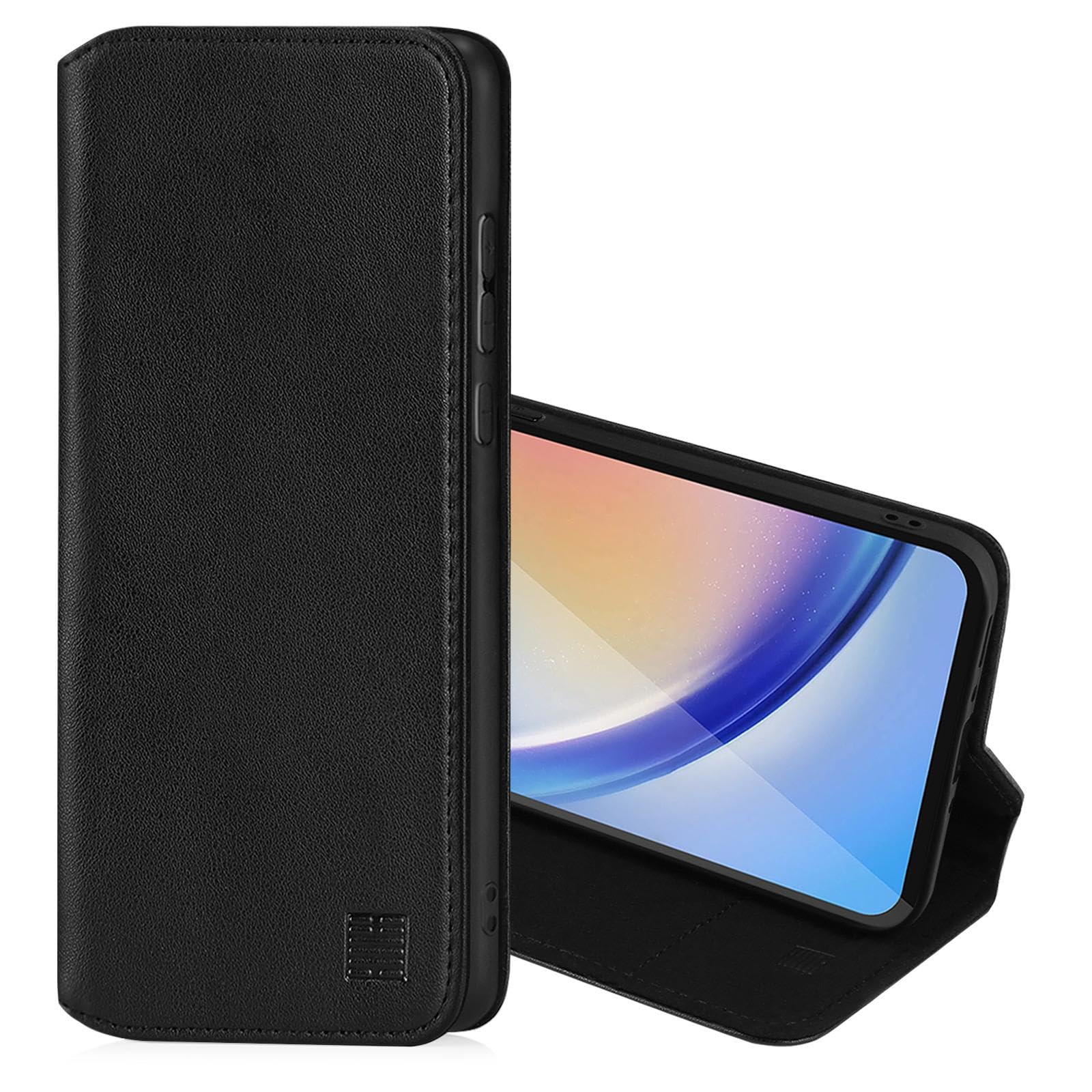 Classic Series 2.0 - Real Leather Book Wallet Flip Case Cover For Samsung Galaxy A35, With RFID Blocking Card Slot, Magnetic Closure and Built In Stand - Black