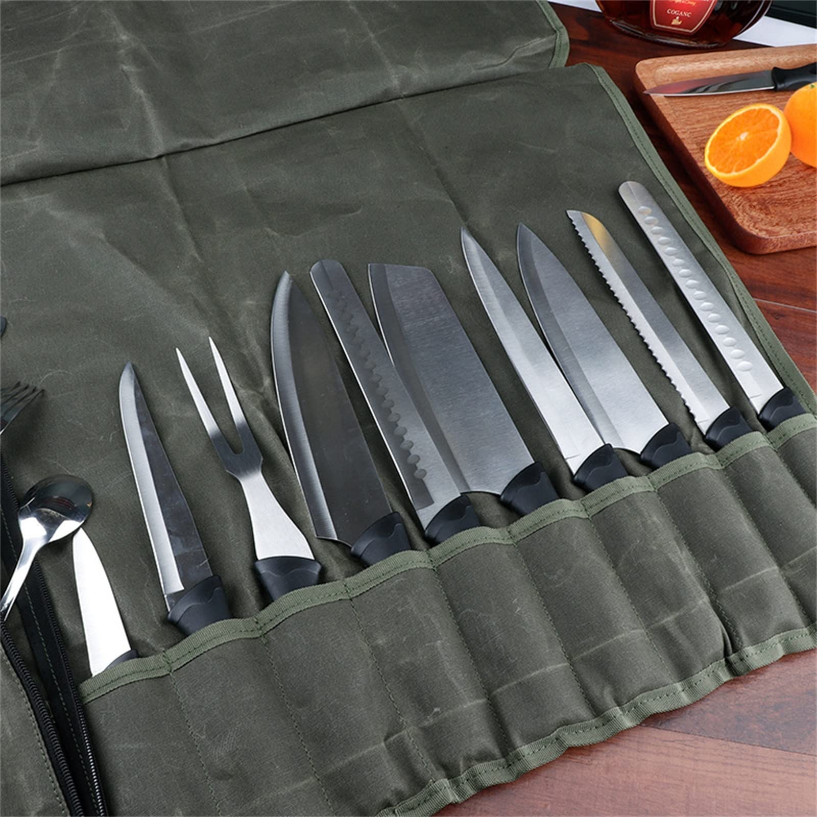 WORNEW Chef mes tas Olie Wax Canvas Roll Chef Mes Tas Mes Tas Chinese En Western Chef Mes Opbergtas Chef Bag Duurzaam Mes Tas