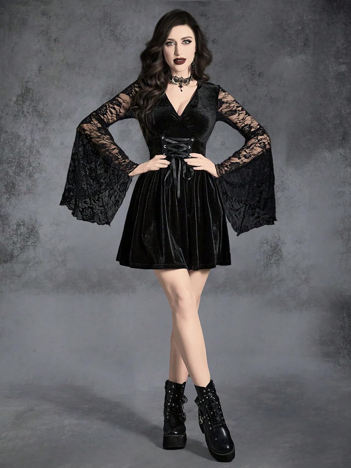 GothDark Womens Sexy Black Gothic Dress Velvet Lace Trim V Neck High Waist Vintage Romantic Halloween Short Dresses - Image 6