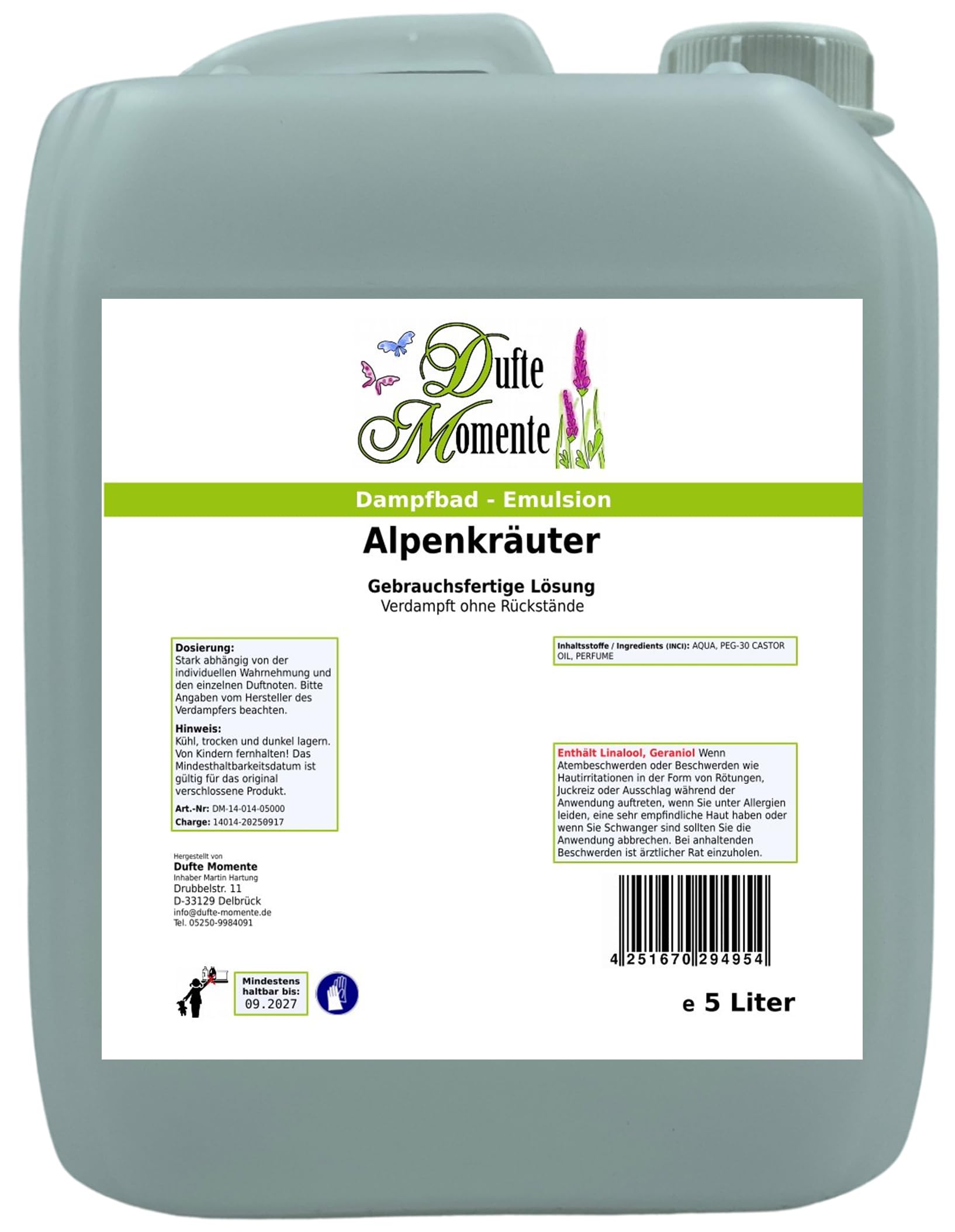 Dufte Momente Dampfbad-Emulsion 5 Liter Alpenkräuter | Gebrauchsfertig | Hochwertige Formel | Für gewerbliche Dampfbäder, Thermen & Spas