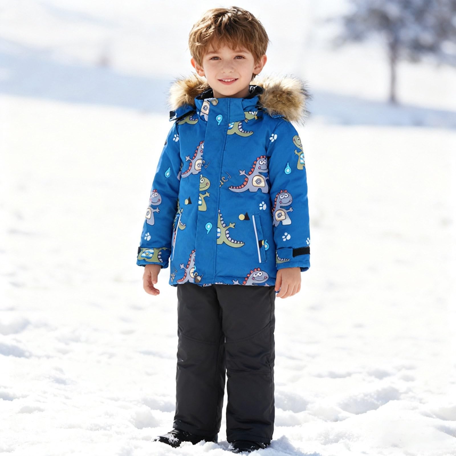 Generisch Kinder Winter Skianzug-Set, Winddicht Schneeanzug mit Kapuze, Dinosaurier Muster, Türkis-Grau, Fleece Gefüttert, Reflektierenden Streifen, für 3-10 Jahre, Winter Outdoor Sportbekleidung